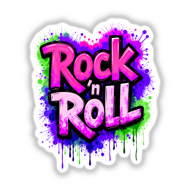 Rock 'n Roll Graffiti Art features bold, abstract letters with vibrant paint splatters, available as unique stickers or digital artwork, exemplifying Decal Venue's creative and colorful designs.