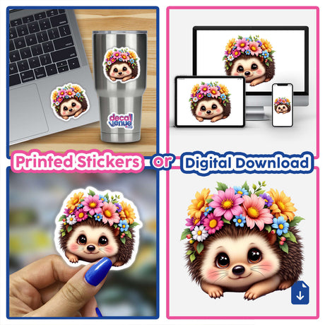 Cute Hedgehog with a Floral Crown sticker collage featuring cartoon hedgehogs adorned with flowers, displayed on items like a laptop and cup, available as unique stickers or digital artwork.