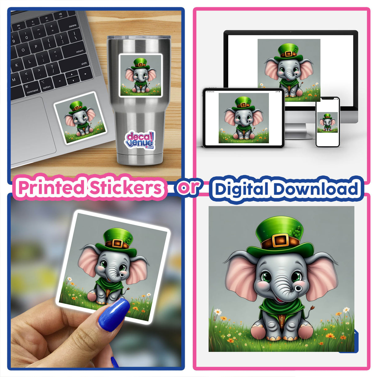 a digital sticker of an elephant with a lepreite hat