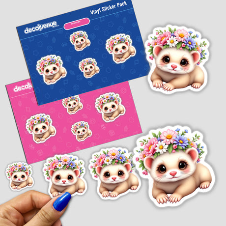 Cute Ferret with a Whimsical Flower Crown sticker held by a hand with blue nail polish, showcasing cartoon ferret designs adorned with colorful floral crowns, available as stickers or digital artwork.