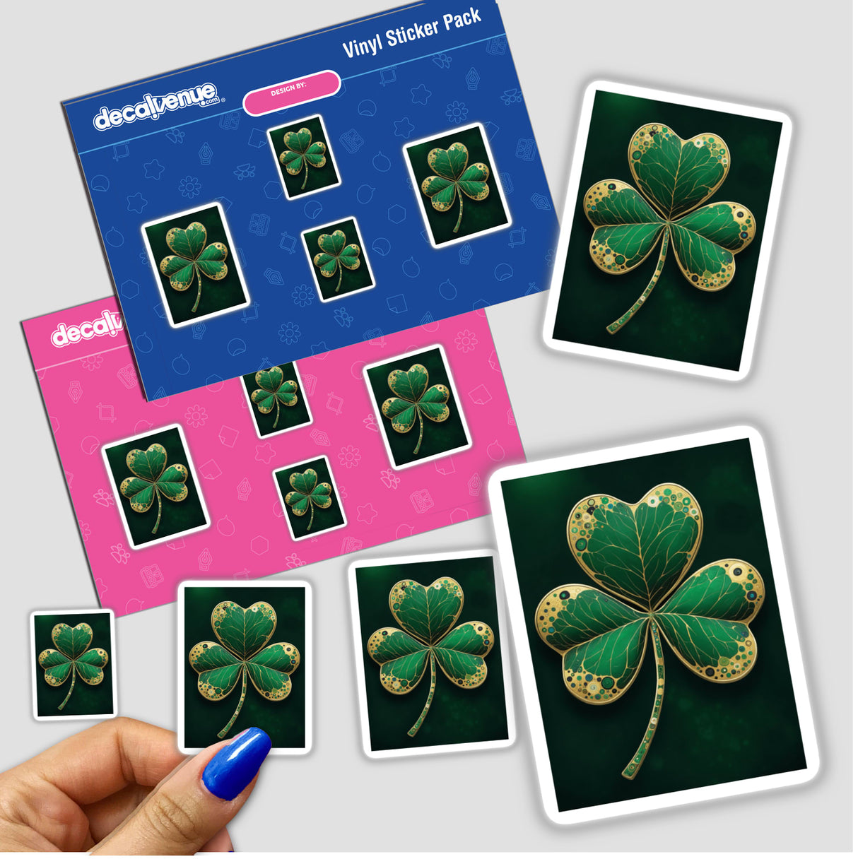 Shamrock – Green Clover with Gold and Jewel Accents sticker featuring intricate detailing, capturing the essence of luck and charm, perfect as a vinyl decal or digital art piece from Decal Venue.