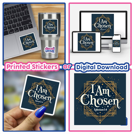 A laptop featuring the I Am Chosen - Ephesians 1:4 Christian faith-based sticker or clipart, highlighting its availability as both stickers and digital artwork.