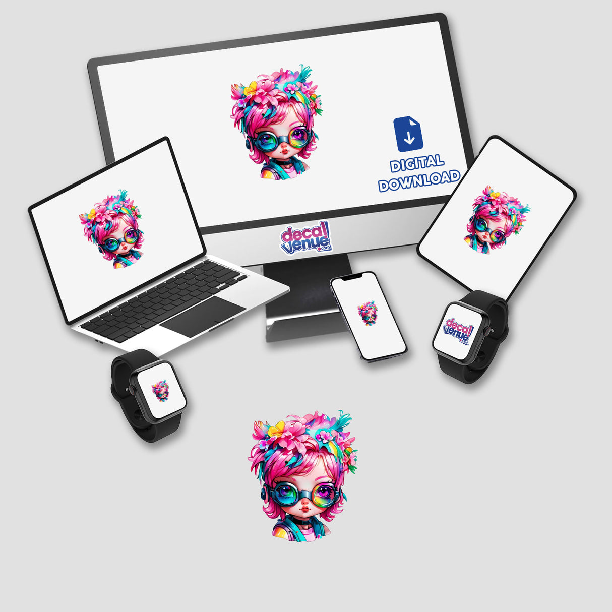 Cyberpunk Cutie: Pink-Haired Girl with Rainbow Floral Splash displayed on a computer monitor, laptop, tablet, smartphone, and smartwatch, available as stickers or digital artwork.