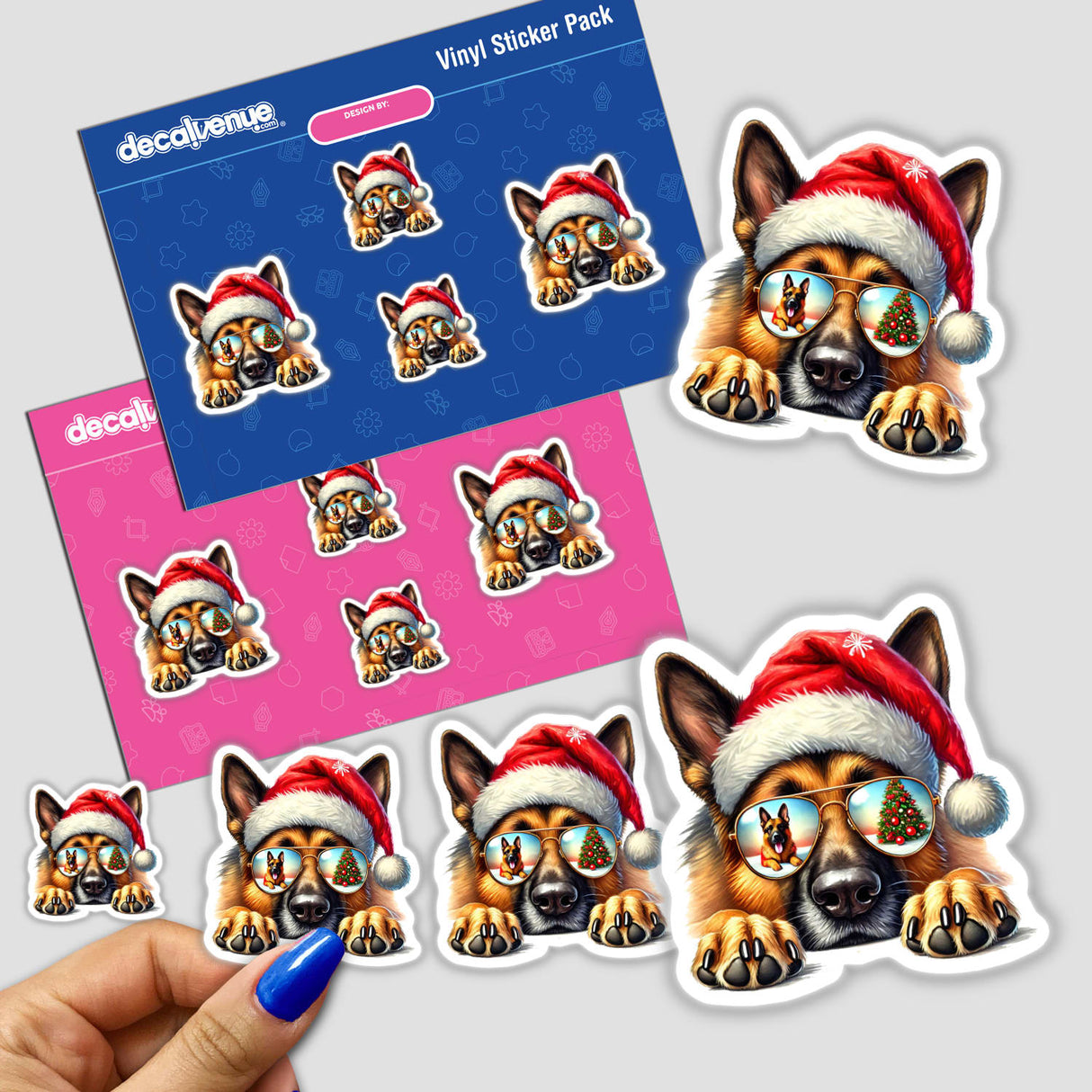 Resting Christmas Santa German Shepherd Dog sticker features a cartoon dog wearing a Santa hat and sunglasses, available as stickers or digital artwork, capturing festive charm.