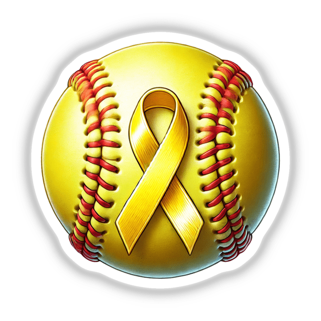 Yellow Ribbon Softball Childhood Cancer Awareness sticker featuring a yellow ribbon wrapped around a baseball. Available as stickers or digital artwork.