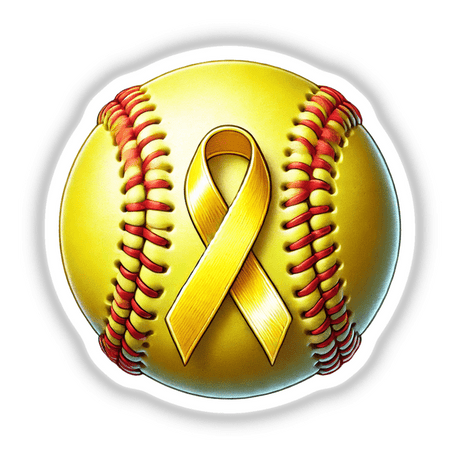 Yellow Ribbon Softball Childhood Cancer Awareness sticker featuring a yellow ribbon wrapped around a baseball. Available as stickers or digital artwork.