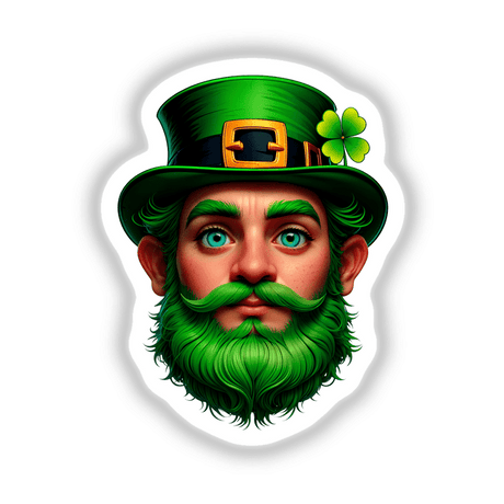 St. Patrick's Day Leprechaun cartoon with a green beard and hat, featuring a whimsical face. Available as unique stickers or digital artwork from Decal Venue.