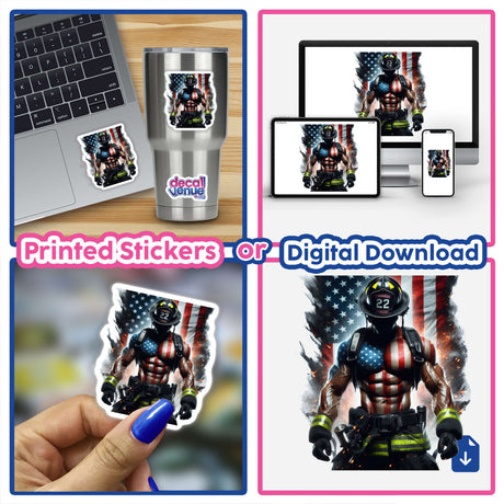 Muscular American Firefighter sticker collage features a heroic figure holding a flag. Available as stickers or digital artwork, blending strength and patriotism, perfect for laptops or personal items.