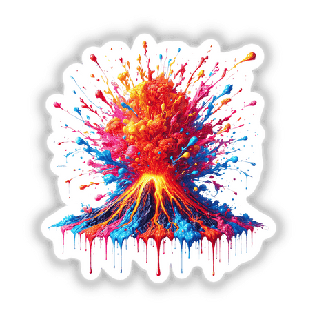 Psychedelic Erupting Volcano - Vibrant Colorful Explosion depicted as a dynamic artwork, available as stickers or digital art, showcasing a striking volcanic burst with intricate, colorful patterns.