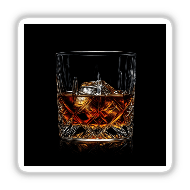 Crystal Glass of Whiskey with Ice Cubes, depicted in a detailed sticker or digital artwork, showcasing the drink's elegance and barware appeal, offered by Decal Venue for unique decoration.