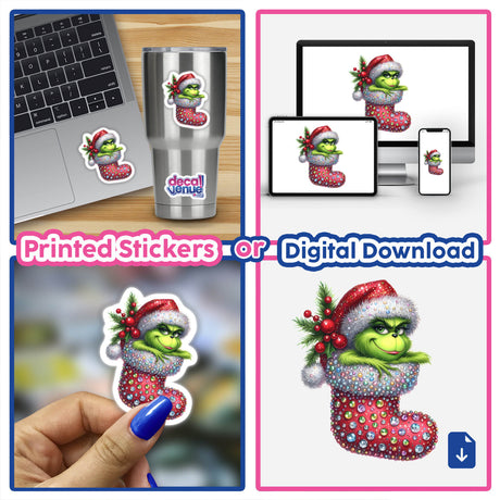 Peeking Santa Green Grouch Jeweled Christmas Stocking sticker on a laptop, showcasing a cartoon character in a festive stocking, perfect for decorating electronics or as digital artwork.