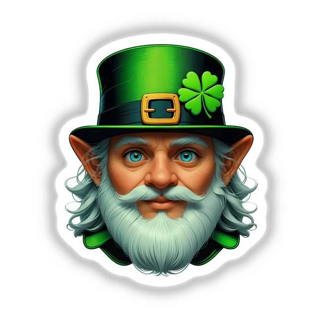 St. Patrick's Day Leprechaun illustration featuring a white-bearded character with a green hat adorned with a gold buckle and clover. Available as stickers or digital artwork.