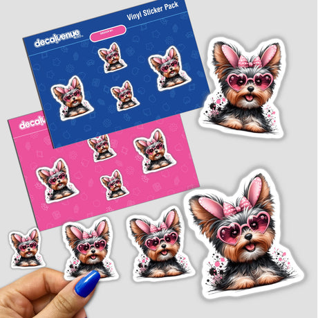 Cute Easter Yorkie Bunny sticker featuring a cartoon Yorkie dog wearing pink sunglasses. Available as a unique vinyl sticker or digital artwork from Decal Venue.