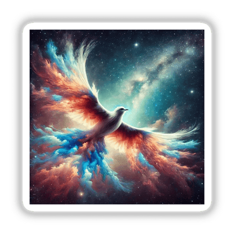 Nebula Wing - Bird in Flight with Cosmic Feathers, a vibrant sticker or digital artwork depicting a bird soaring through the sky with celestial-themed plumage.