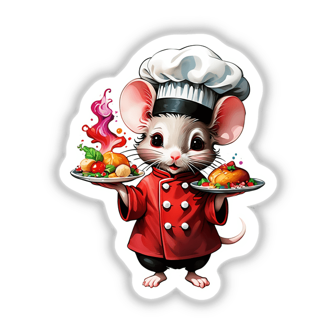 Cute Chef Mouse Sticker Design: Whimsical Culinary Adventures featuring a cartoon mouse in a chef hat holding plates of food, perfect for unique stickers or digital artwork from Decal Venue.