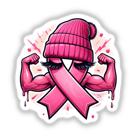 Flexing Pink Breast Cancer Ribbon Beanie: Illustration of a pink ribbon with a beanie, depicting a cartoon figure flexing muscles. Available as stickers or digital artwork.