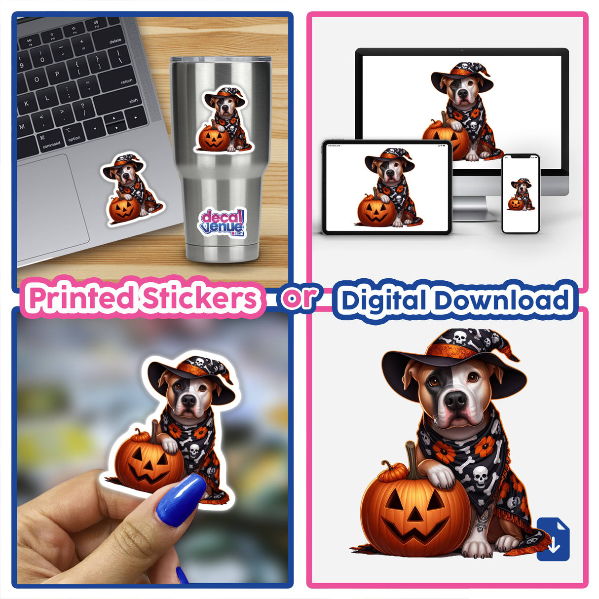 Collage featuring the Halloween Pitbull Dog Skull Scarf and Witch Hat design on stickers and digital artwork, including a dog with a hat and scarf holding a pumpkin and a laptop with a sticker.