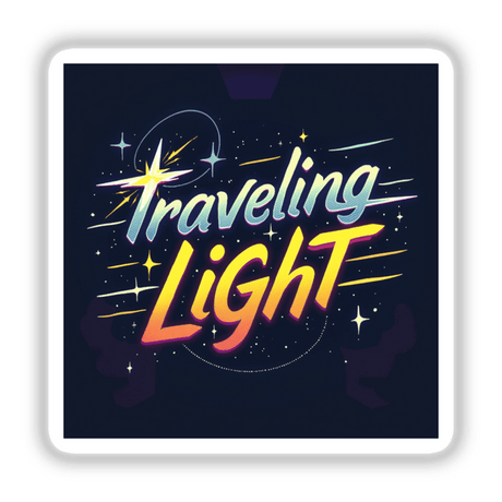 Traveling Light Science Humor Sticker or Downloadable Clipart features a logo with text, starry sky elements, and yellow lights, embodying unique graphic design suitable for stickers or digital artwork.