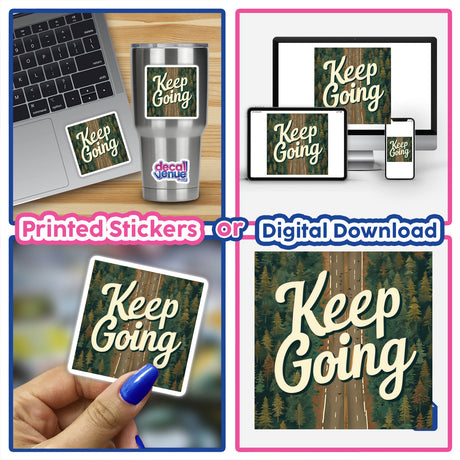 Keep Going Motivational Sticker - Digital Clipart Download with Commercial Rights: A laptop adorned with a motivational sticker depicting a road and trees, emphasizing persistence and encouragement.