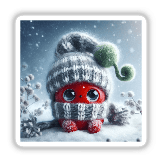 Chili Pepper toy featuring big eyes, wearing a knitted hat and scarf, available as stickers or digital artwork from Decal Venue, known for unique vinyl stickers and digital art.