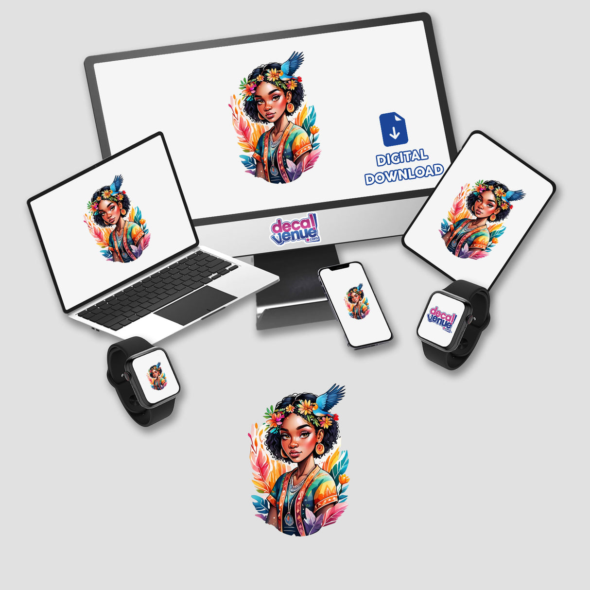 Boho Chic Afro Woman: Free-Spirited Wanderer Sticker featuring a digital cartoon of a woman with flowers in her hair, displayed on a computer monitor and laptop.