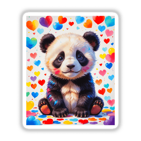 A Cute Panda Bear With Love Hearts; features a cartoon panda surrounded by colorful hearts, available as stickers or digital artwork from Decal Venue's unique collection.