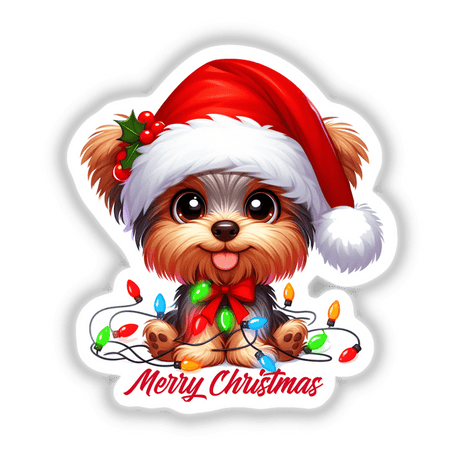 Merry Christmas Santa Yorkie Dog cartoon featuring a dog in a Santa hat and Christmas lights, available as stickers or digital artwork, perfect for festive decoration from Decal Venue.