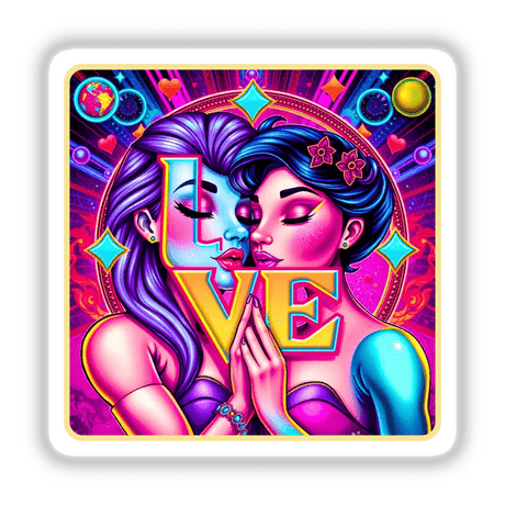 Couples in Love Series The Sweets: A cartoon illustration of two women surrounded by vibrant, abstract circles, available as unique stickers or digital artwork from Decal Venue.