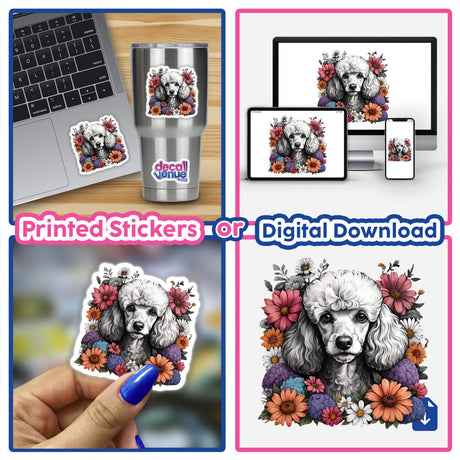 White Poodle Dog Portrait Floral Accents PA35