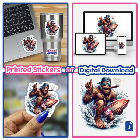 Sasquatch Cigar Surfer sticker, featuring a cartoon gorilla with a cigar and surfboard, displayed on a laptop. Available as a unique vinyl sticker or digital artwork from Decal Venue.