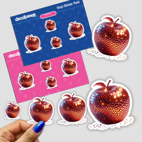 Sticker pack Shiny Red Apple with Beads Aesthetic featuring various angles of shiny red apples, some with stems and leaves, in a close-up design.