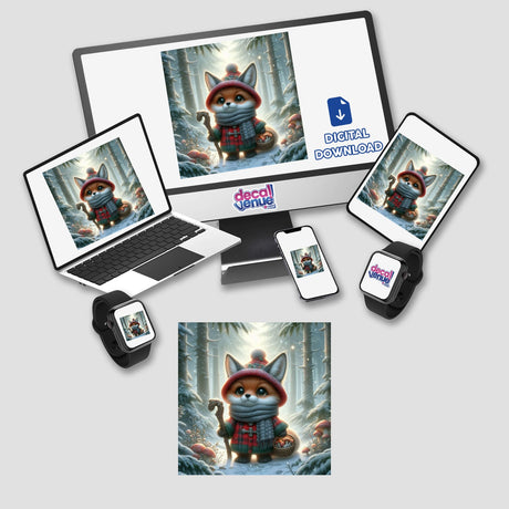 Foxy Forager: Cartoon fox wearing a hat and scarf, depicted on a computer monitor and laptop, available as stickers or digital artwork from Decal Venue.