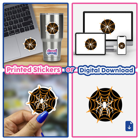 Collage featuring a laptop with a Spiderweb sticker, close-ups of spider decals, and digital artwork of spider webs in various designs. Available as Stickers or Digital Artwork from Decal Venue.