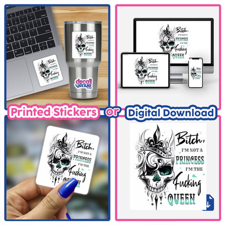 Sarcastic Quotes Series 7: A collage featuring stickers on laptops, cups, and cards, with designs like crowned skulls, sarcastic quotes, and close-ups of detailed artwork.