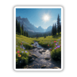 Mountain Valley with Wildflowers and Sparkling Stream Under a Bright Sun features a serene landscape with a flowing stream, vibrant flowers, and majestic mountains, available as stickers or digital artwork.