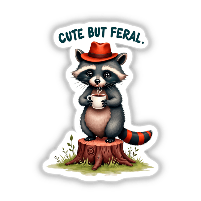 Cute But Feral Raccoon Quote: A cartoon raccoon cheerfully holding a cup of coffee, available as unique stickers or digital artwork, embodying Decal Venue's playful and creative style.