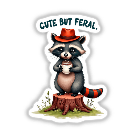 Cute But Feral Raccoon Quote: A cartoon raccoon cheerfully holding a cup of coffee, available as unique stickers or digital artwork, embodying Decal Venue's playful and creative style.