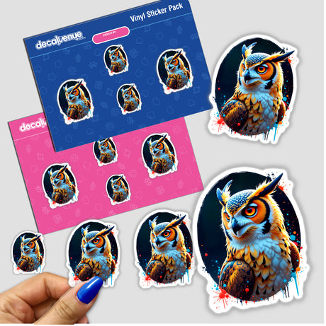 A Cool Hybrid Hawk Owl sticker, showcasing a cartoon owl with colorful feathers, held in a hand. Available as a sticker or digital artwork from Decal Venue.