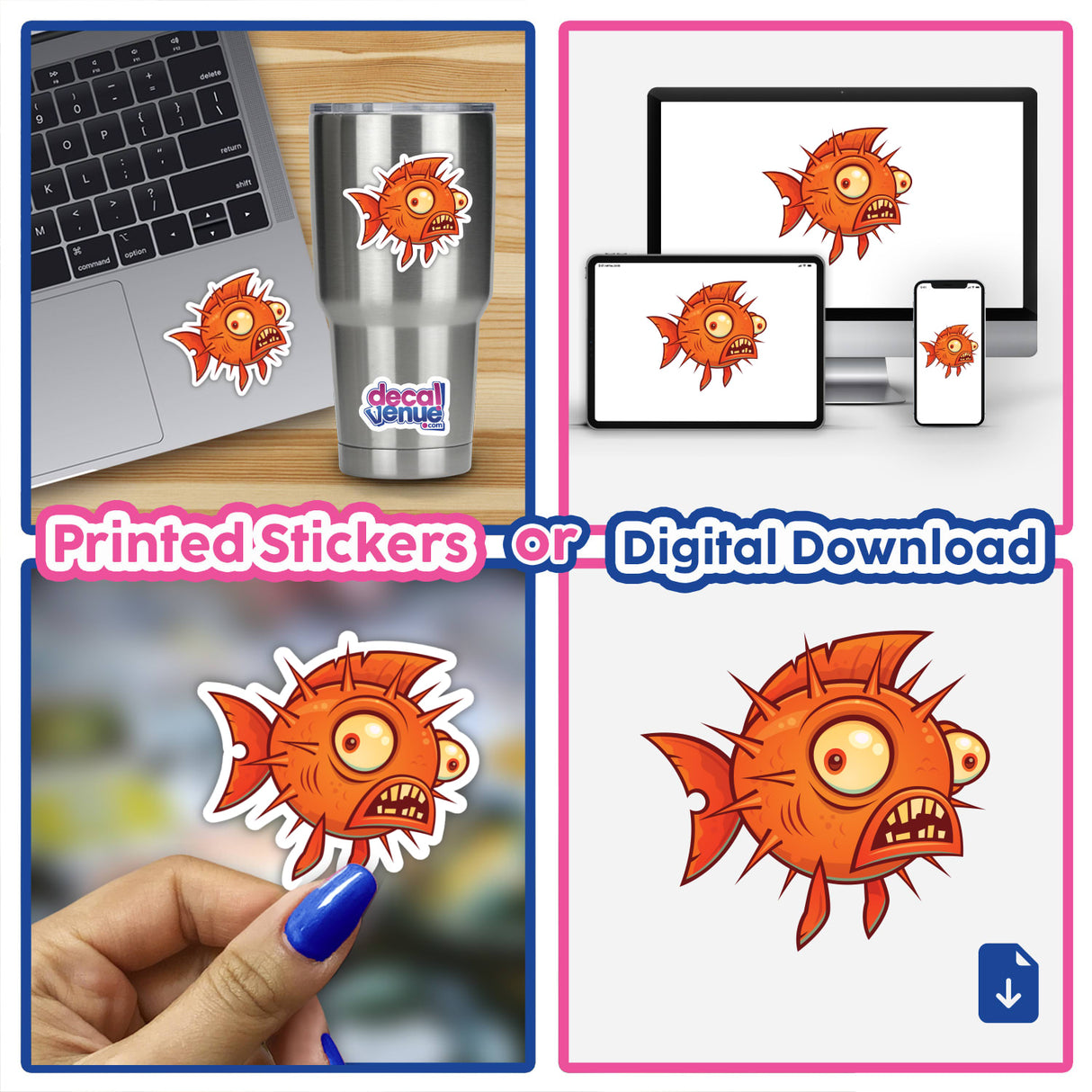 Collage featuring Pufferfish stickers, showcasing a cartoon fish with a sharp face and another with a scary expression, emphasizing Decal Venue's unique sticker offerings.