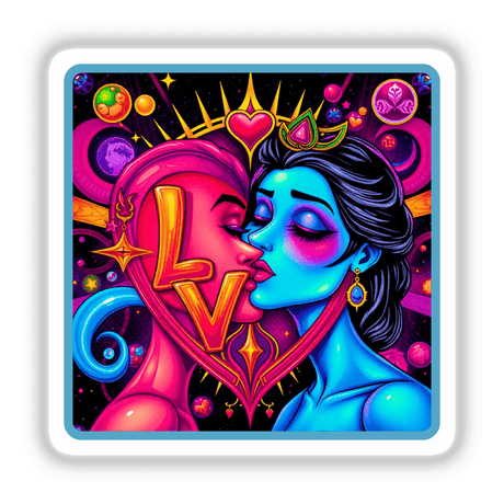 Couples in Love Series The Dramas: Artistic sticker or digital artwork depicting two women kissing, encapsulating intimate moments through graphic design and cartoon elements, available at Decal Venue.