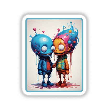 Splash Art Alien Invasion Alien Relationships: Cartoon characters with colorful hair and vibrant designs, available as unique stickers or digital artwork from Decal Venue.