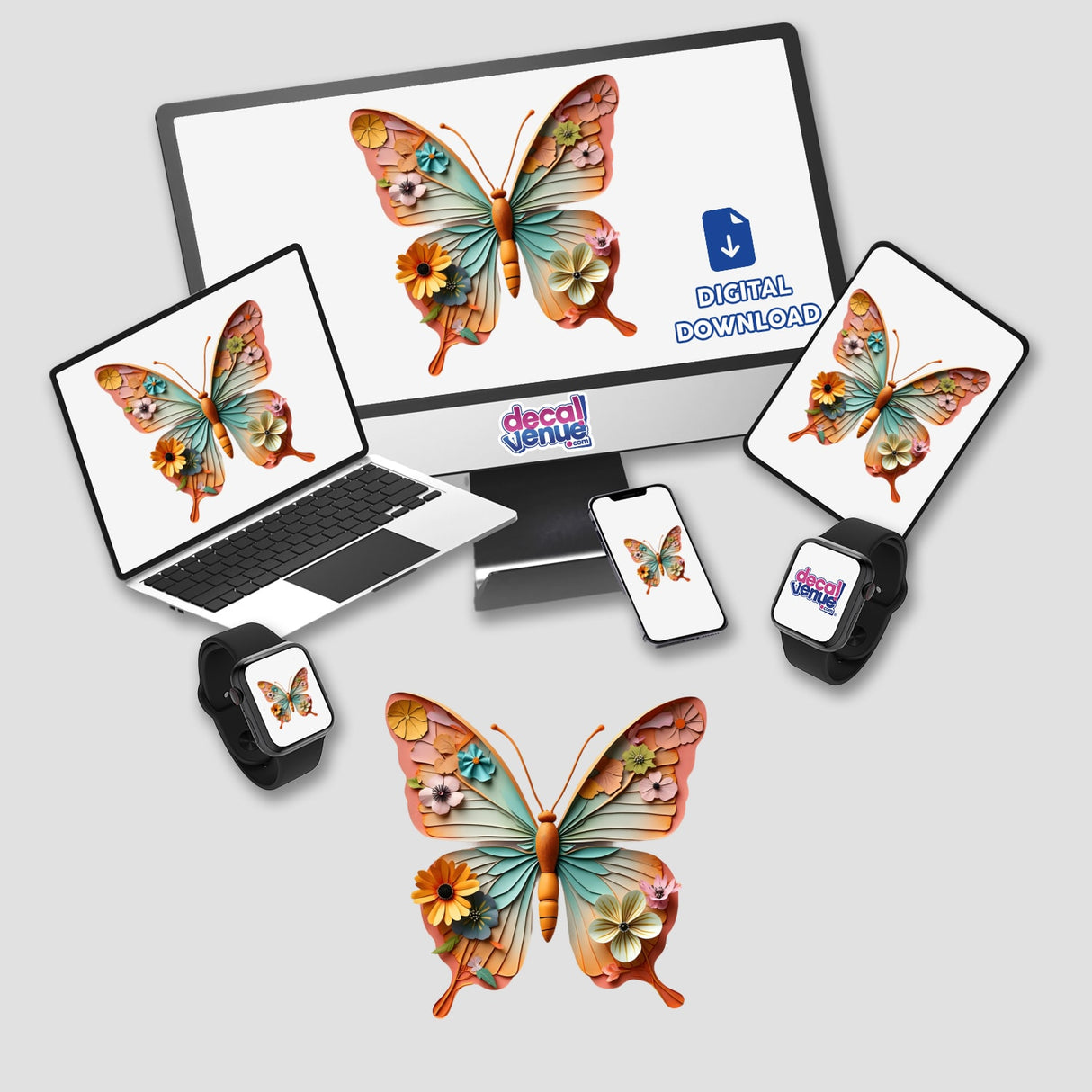 Butterfly Paper Collage Art displayed on various screens, including a computer monitor, laptop, tablet, and phone, showcasing intricate butterfly designs available as stickers or digital artwork.