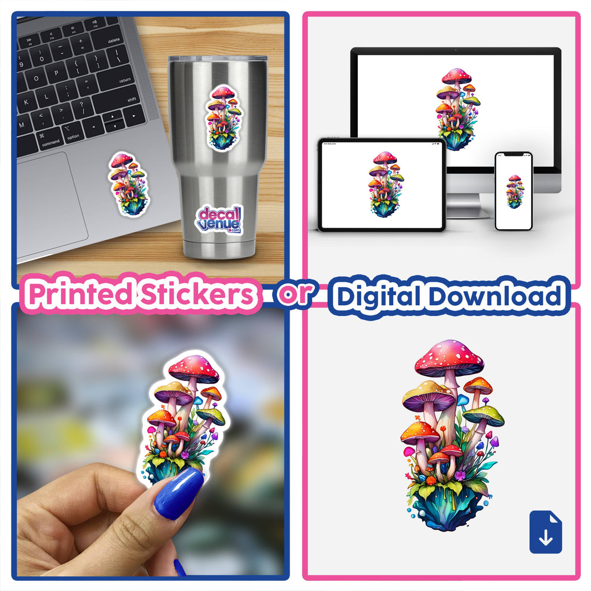 Whimsical Floating Mushroom Magical Forest Sticker displayed on various surfaces, including a laptop and a silver cup, featuring a cartoon design with mushrooms and flowers.