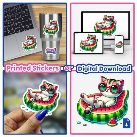 Cat on Watermelon Float sticker featuring a cartoon cat wearing sunglasses, relaxing on a watermelon float. Available as stickers or digital artwork from Decal Venue.