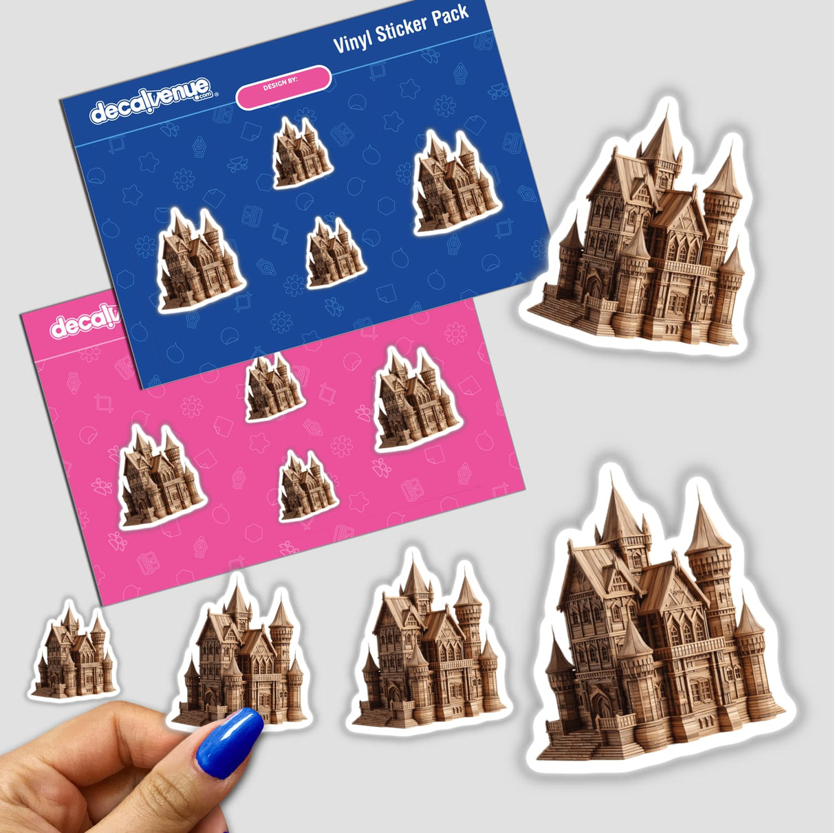 Carved Wood Castle sticker depicting a detailed wooden castle with towers, available as a sticker or digital artwork from Decal Venue, known for unique stickers and digital art.