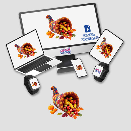 Autumn Harvest Festival Cornucopia Horn of Plenty displayed on various digital devices, showcasing its availability as unique stickers or digital artwork from Decal Venue.