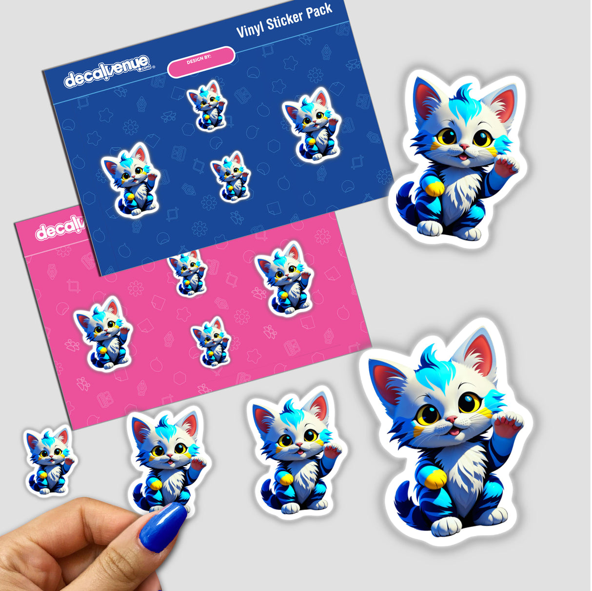 Sticker pack featuring 'A Cute Little Kitten' in various cartoon styles, available as stickers or digital artwork. Perfect for fans of unique designs from Decal Venue.