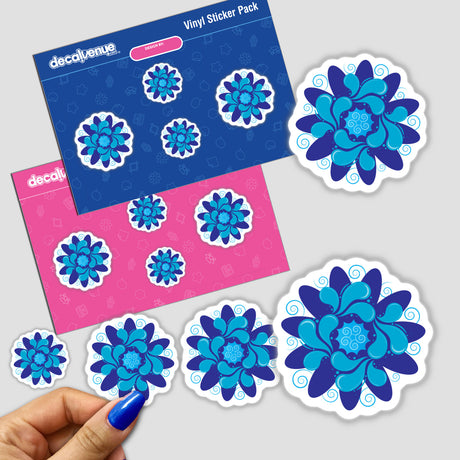 Vibrant floral digital artwork stickers on blue and pink backgrounds, featuring colorful abstract flowers with swirling patterns, showcasing the unique designs from the CreativeCat brand available at the Decal Venue online store.