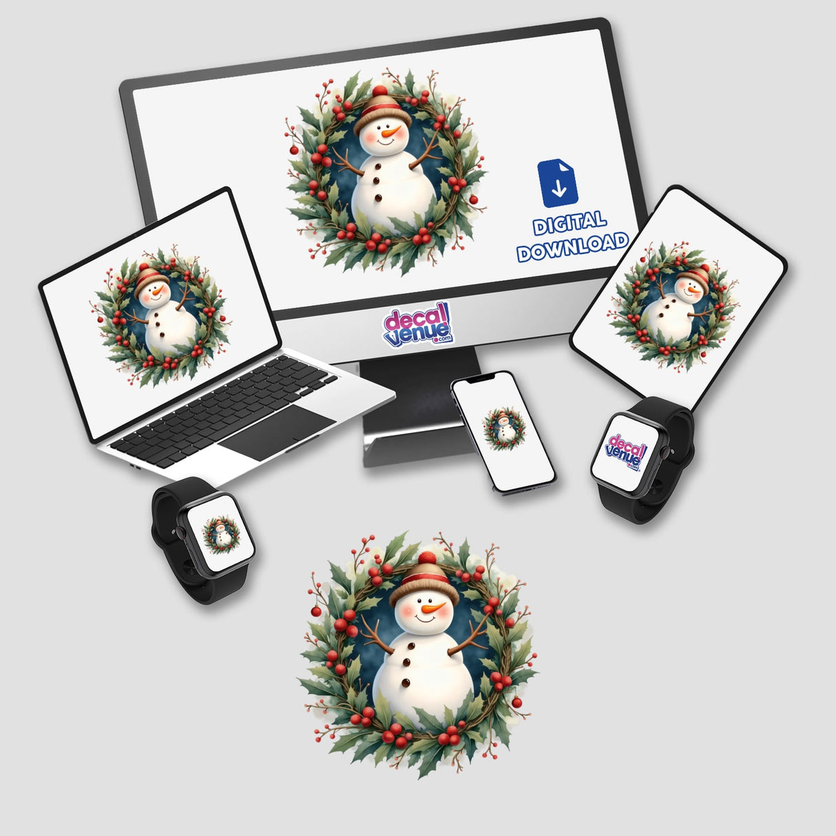 Snowman in a Christmas Wreath displayed on multiple digital devices, including a laptop and monitor. Available as stickers or digital artwork from Decal Venue, specializing in unique designs.