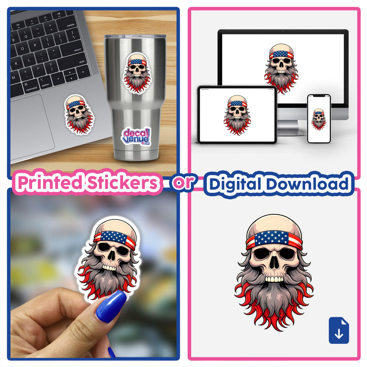 Collage featuring 'A Cool Skull With An American Flag Bandana', available as stickers or digital artwork, showcasing a bearded skull with a flag bandana on various items like laptops and cups.